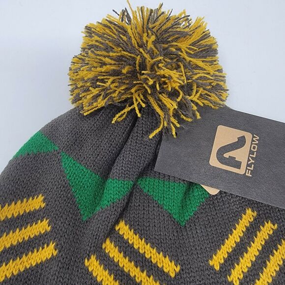 Flylow Revival Pom Beanie Charcoal Gray Yellow Green Knit Hat Unisex Size OSFM - Picture 3 of 6